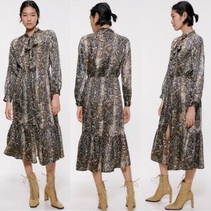 Zara Snake-Print Tie-Neck Midi Dress in Brown